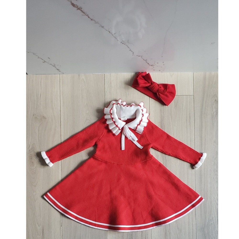 Youvixing Girls Dress Size 110 Red White Knit Long Sleeve Outfit Bow Headband